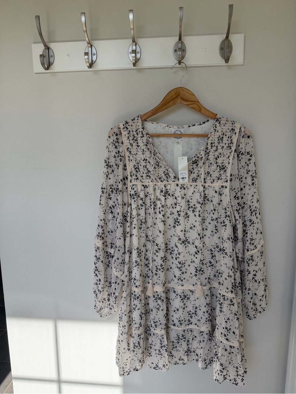 Blue Rain Cream Floral Long Sleeve Tiered Dress